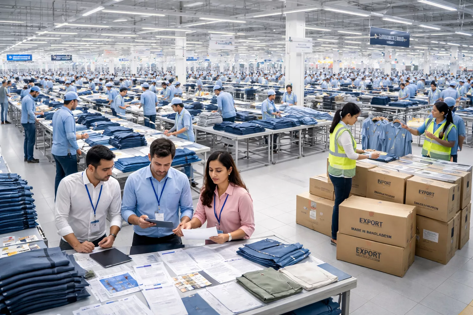 A modern Bangladesh apparel factory producing export-quality garments for international fashion brands, organized sewing lines, fabric inspection tables, quality control checkpoints, merchandisers reviewing tech packs, cartons prepared for export, bright clean industrial setting