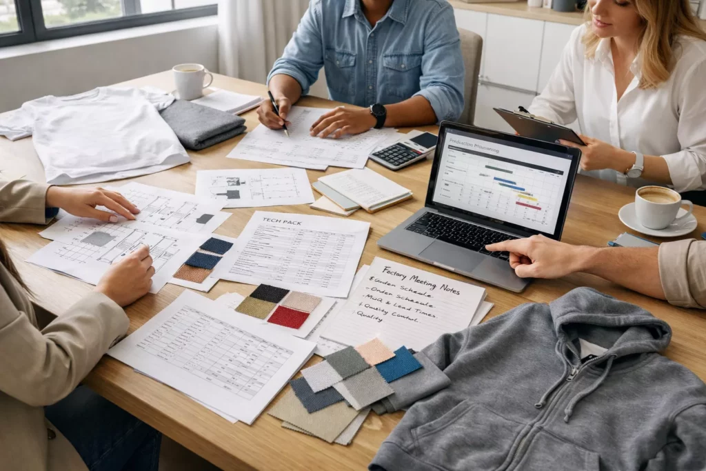Professional apparel development meeting with tech packs, samples, costing sheets, and factory coordination notes on a table