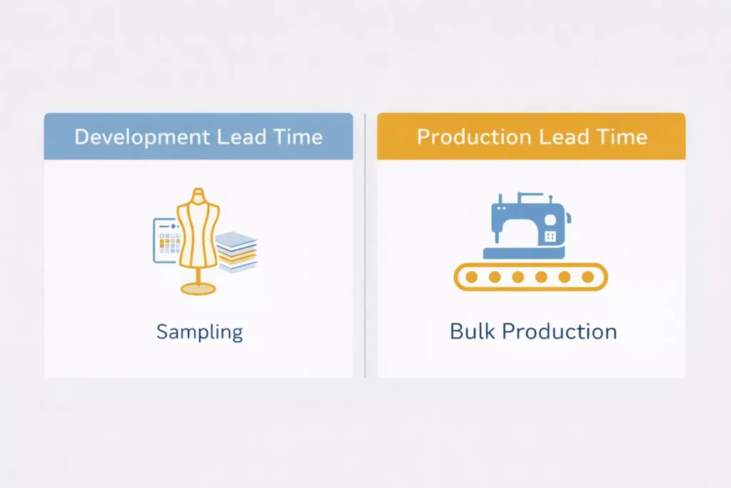 Two-column visual labeled “Development Lead Time” vs “Production Lead Time” with icons for sampling and bulk production