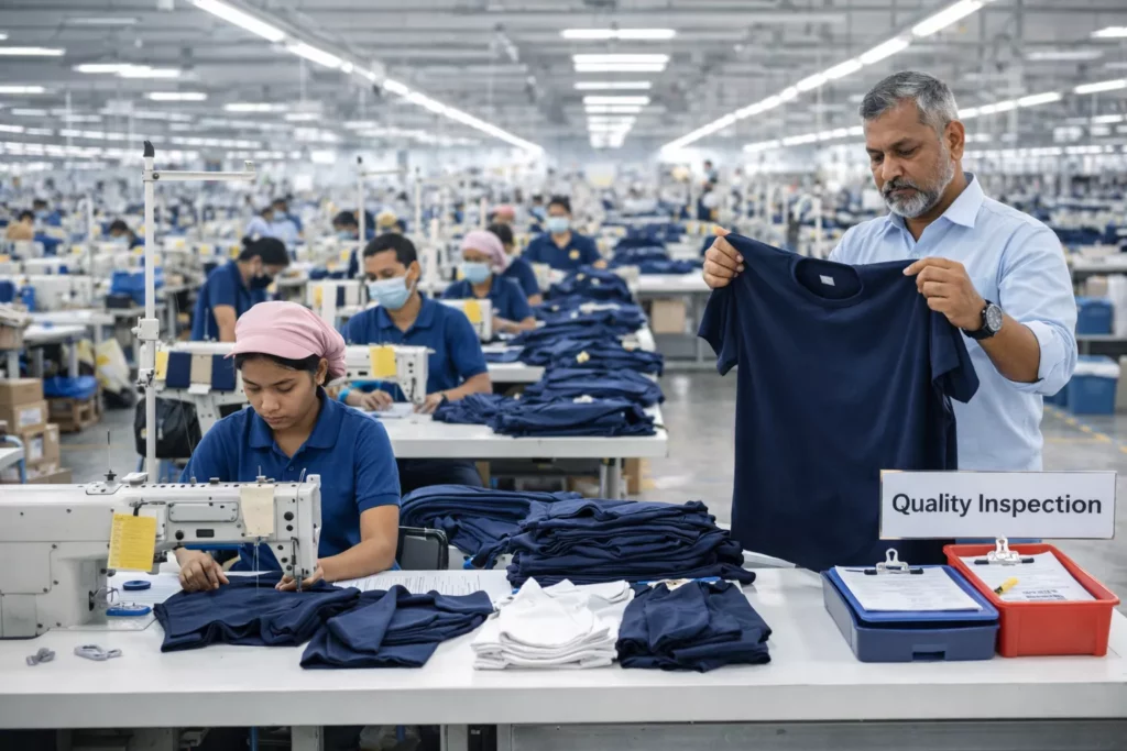 Sewing line producing garments with quality inspection at end of line