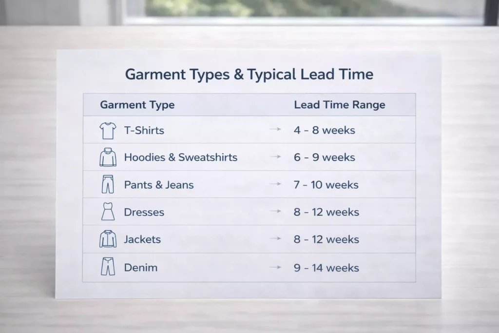 A clean comparison chart showing garment types and typical lead time ranges