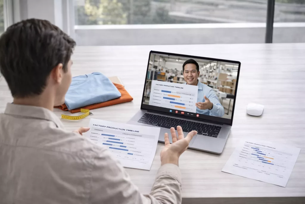 A professional video call scene between a startup founder and a factory merchandiser discussing timeline charts,