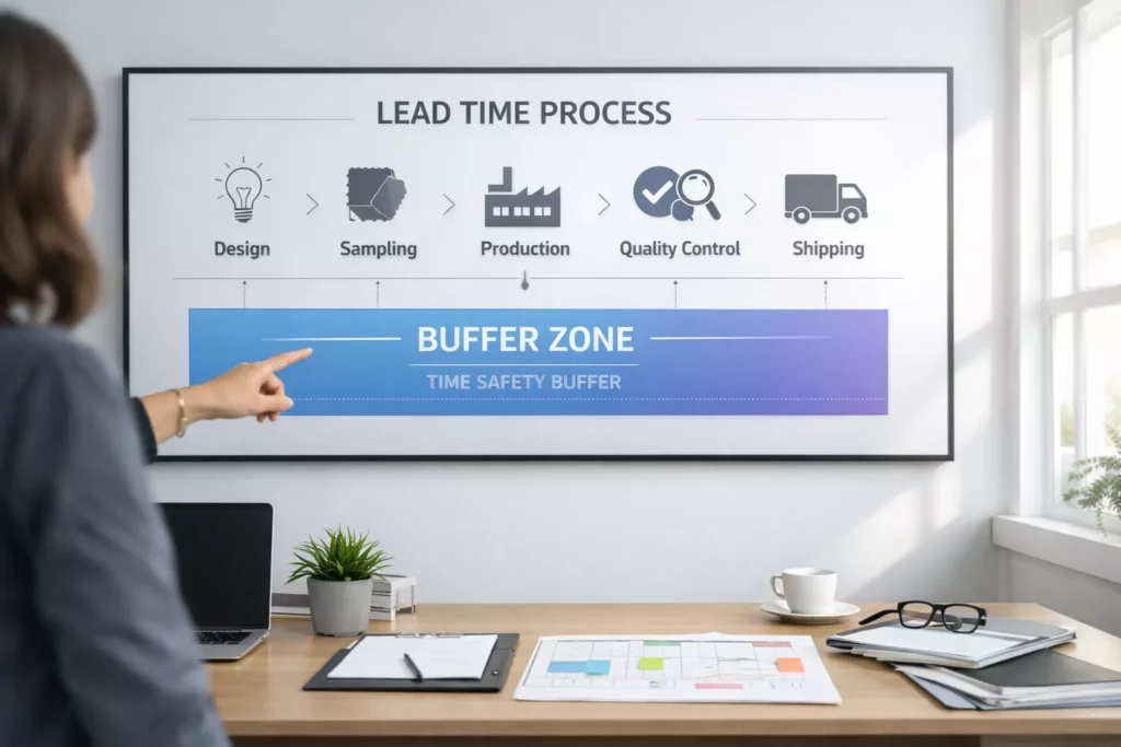 Calendar-style infographic with lead time stages and a highlighted buffer zone, modern minimal style