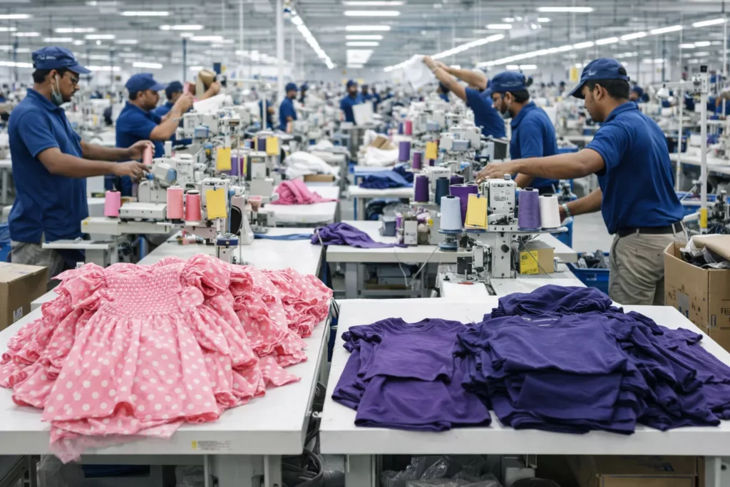 Factory line showing production changeover with small batch garments, highlighting setup complexity in the manufacturing process