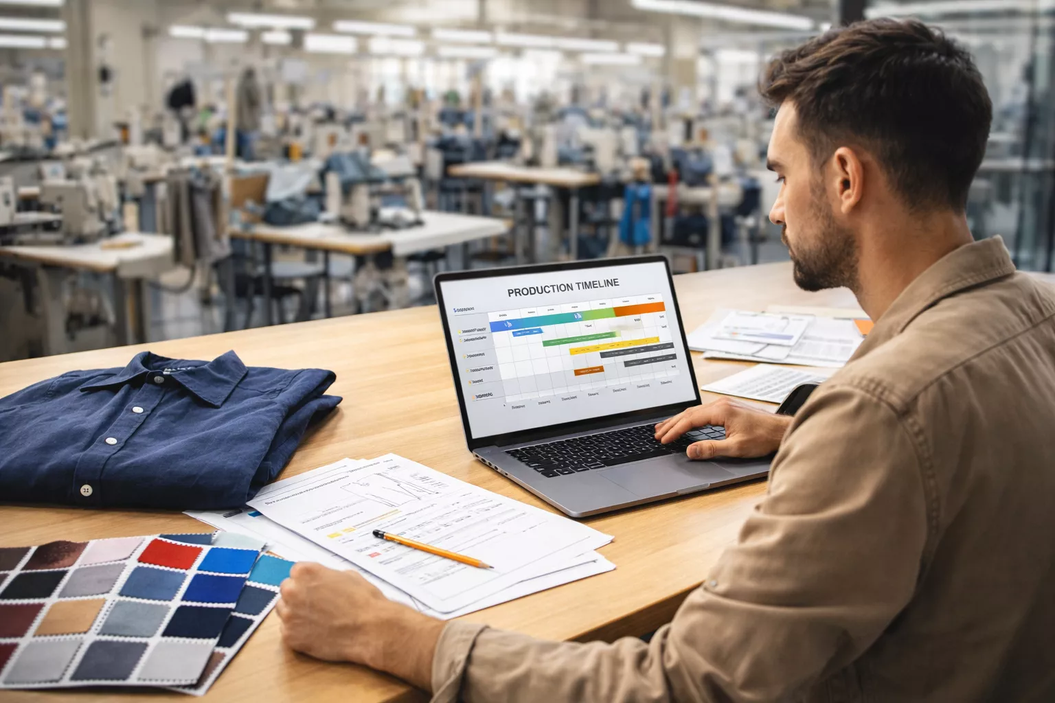 a startup fashion founder reviewing a production timeline on a laptop beside fabric swatches, tech pack pages, and a sample garment on a table, with a garment factory background slightly blurred