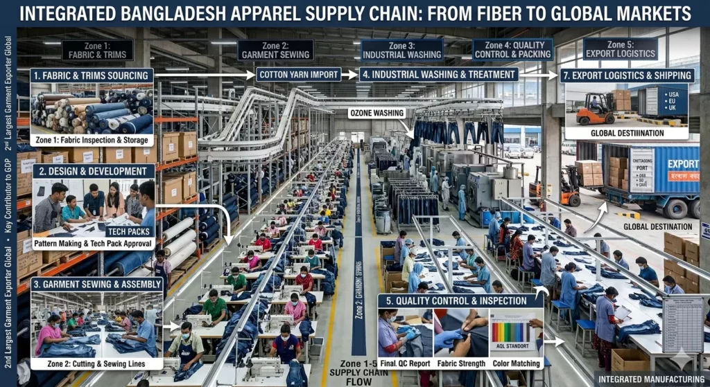 Integrated Bangladesh apparel supply chain showing fabric, trims, sewing, washing, quality control, and export logistics connected in one manufacturing workflow