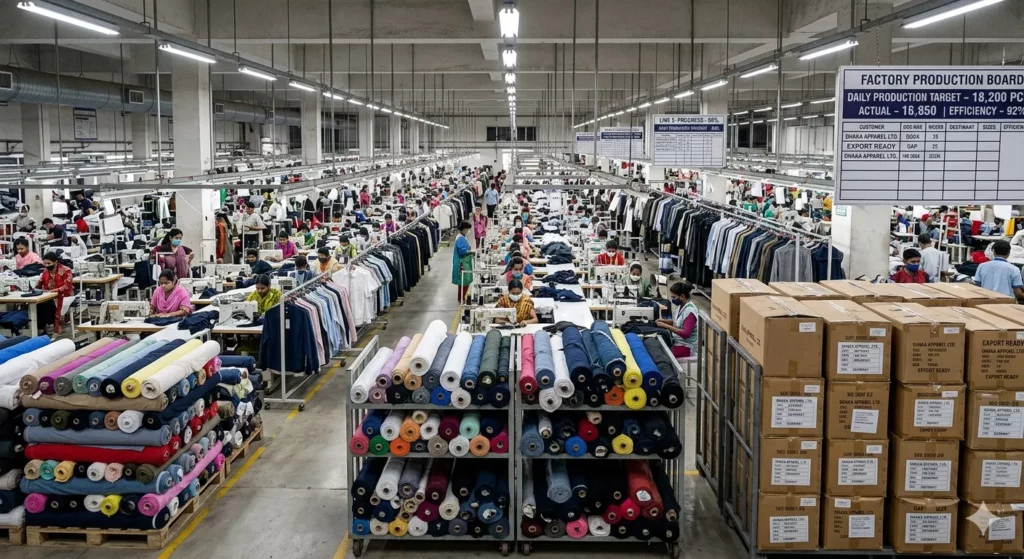 Large Bangladesh garment factory with multiple sewing lines, stacked fabric rolls, apparel cartons, factory production boards, and export-ready garments, realistic industrial fashion scene