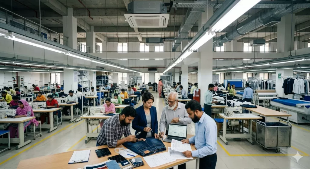 Experienced Bangladesh garment technicians reviewing approved samples, measurement charts, sewing details, and production notes in a professional apparel factory environment